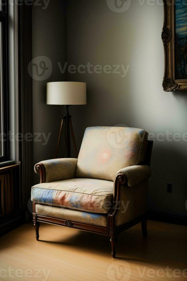 ein Leben Zimmer mit ein Stuhl und ein Lampe. ai generiert foto