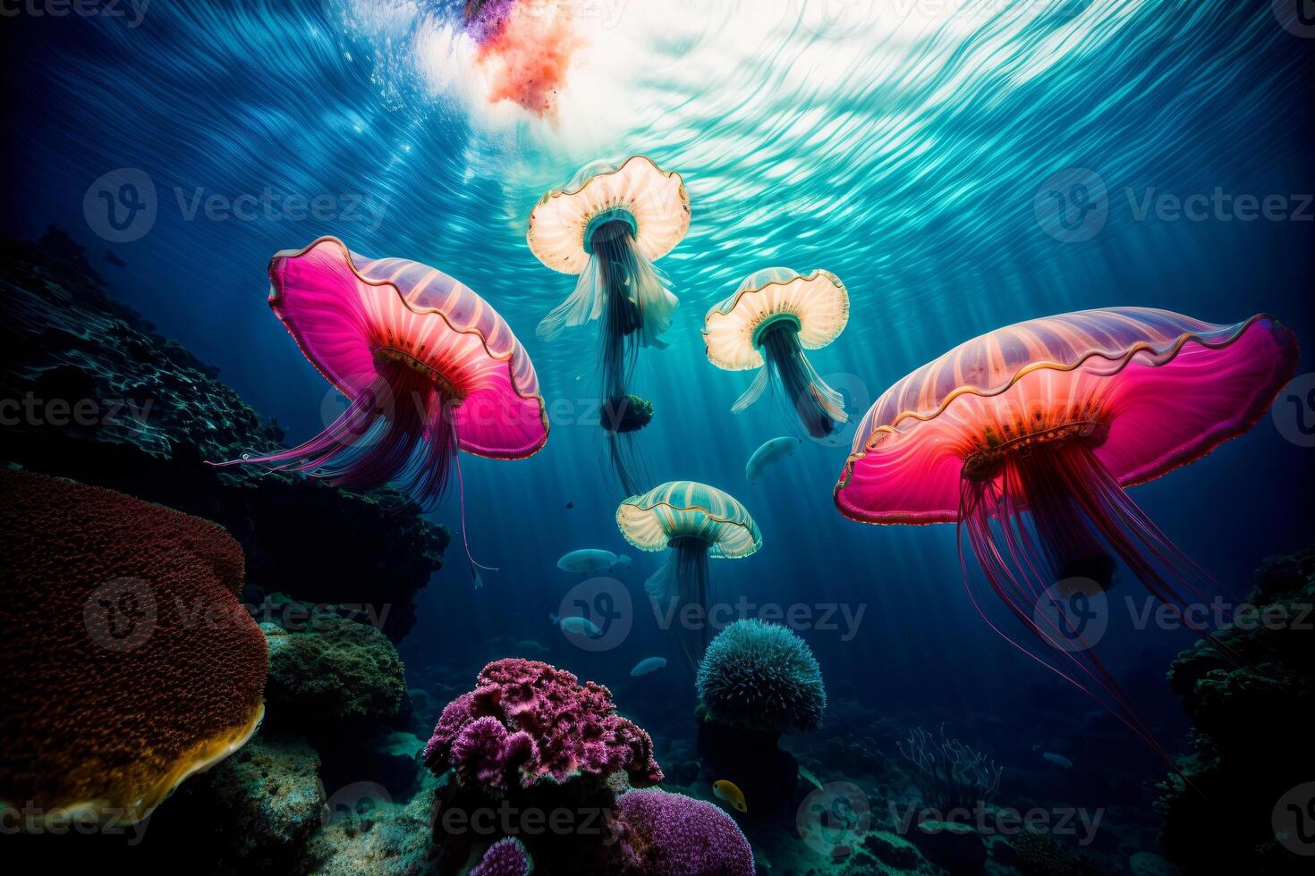 ein Gruppe von Qualle Schwimmen im das Ozean. ai generiert foto