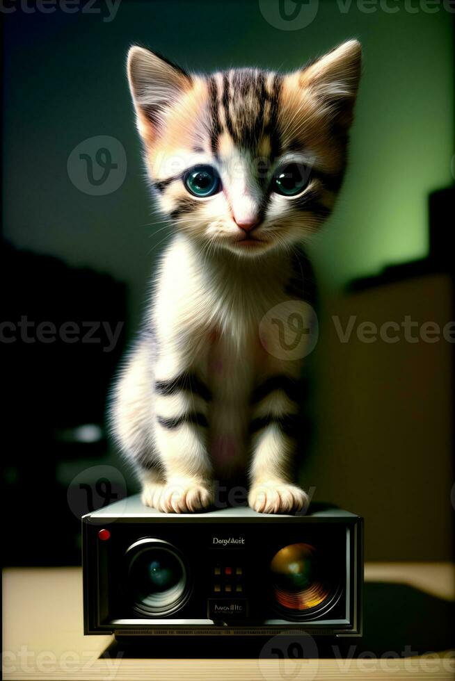 ein klein Kätzchen Sitzung auf oben von ein Radio. ai generiert foto