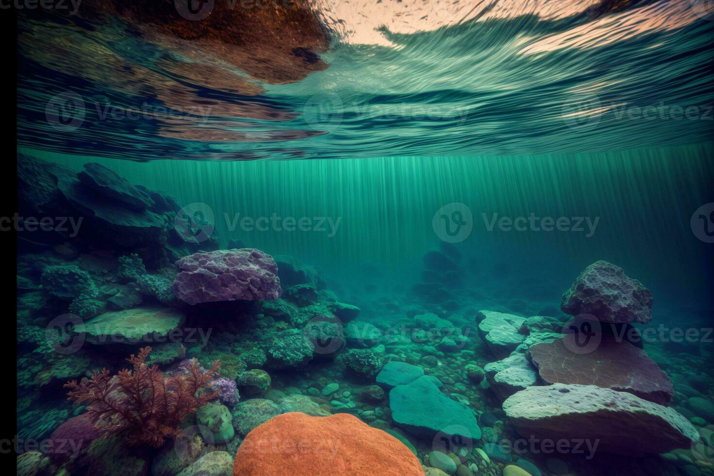 ein unter Wasser Aussicht von Felsen und Felsen unter Wasser. ai generiert foto