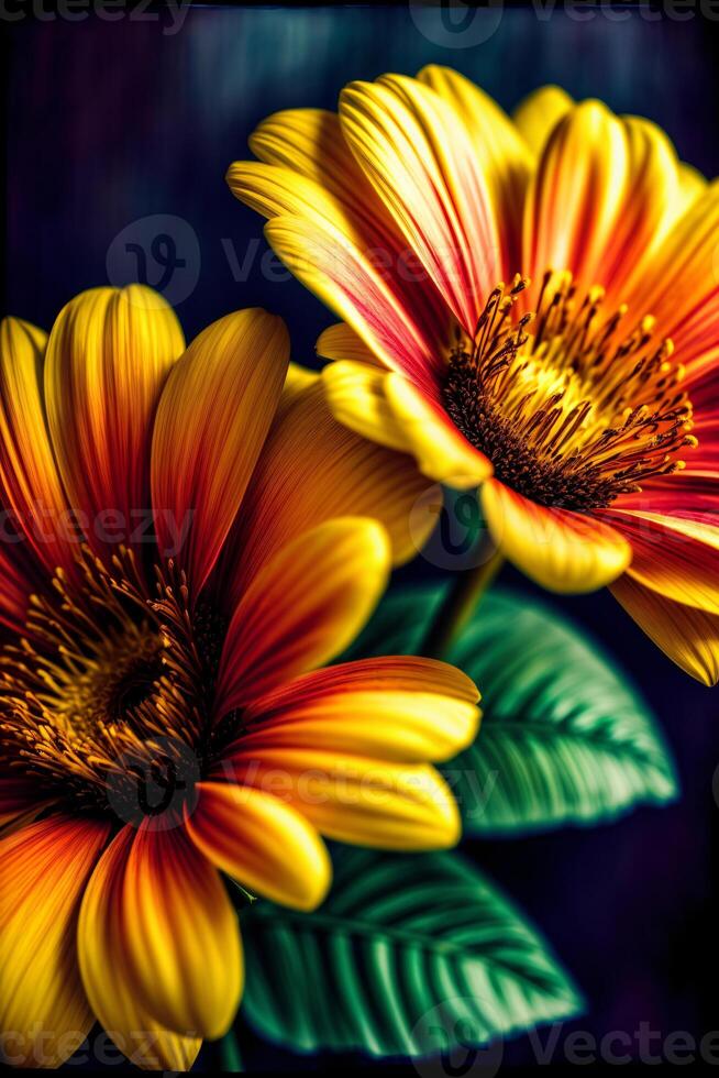 zwei Gelb und rot Blumen mit Grün Blätter. ai generiert foto