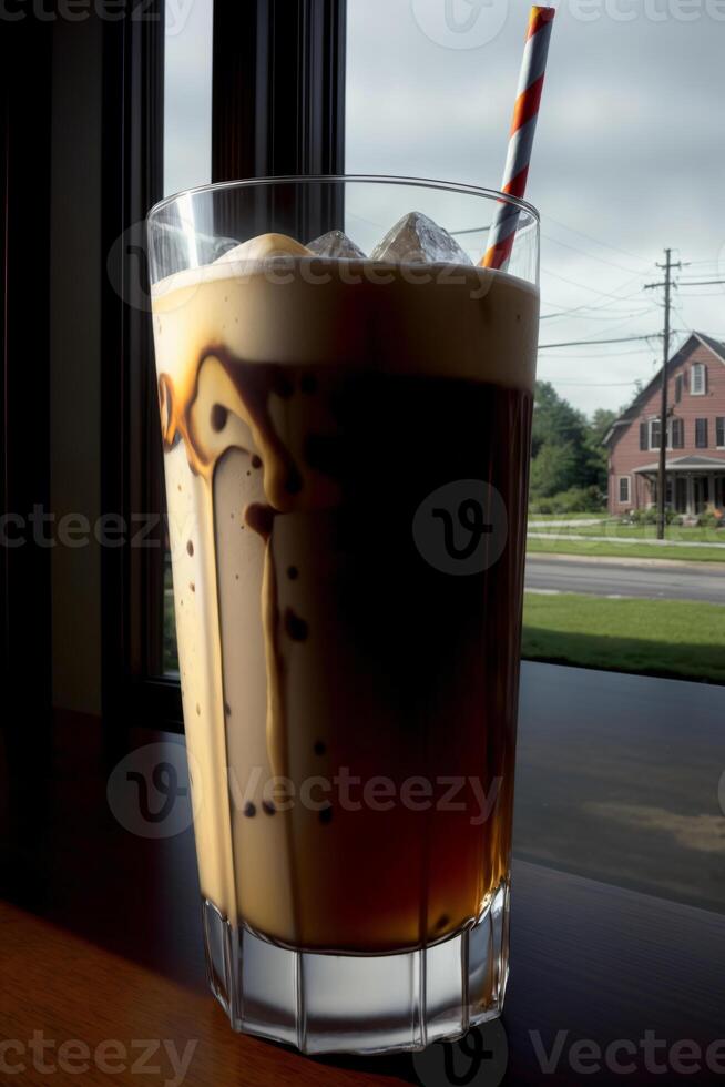 ein Glas gefüllt mit Flüssigkeit Sitzung auf oben von ein Tisch. ai generiert foto