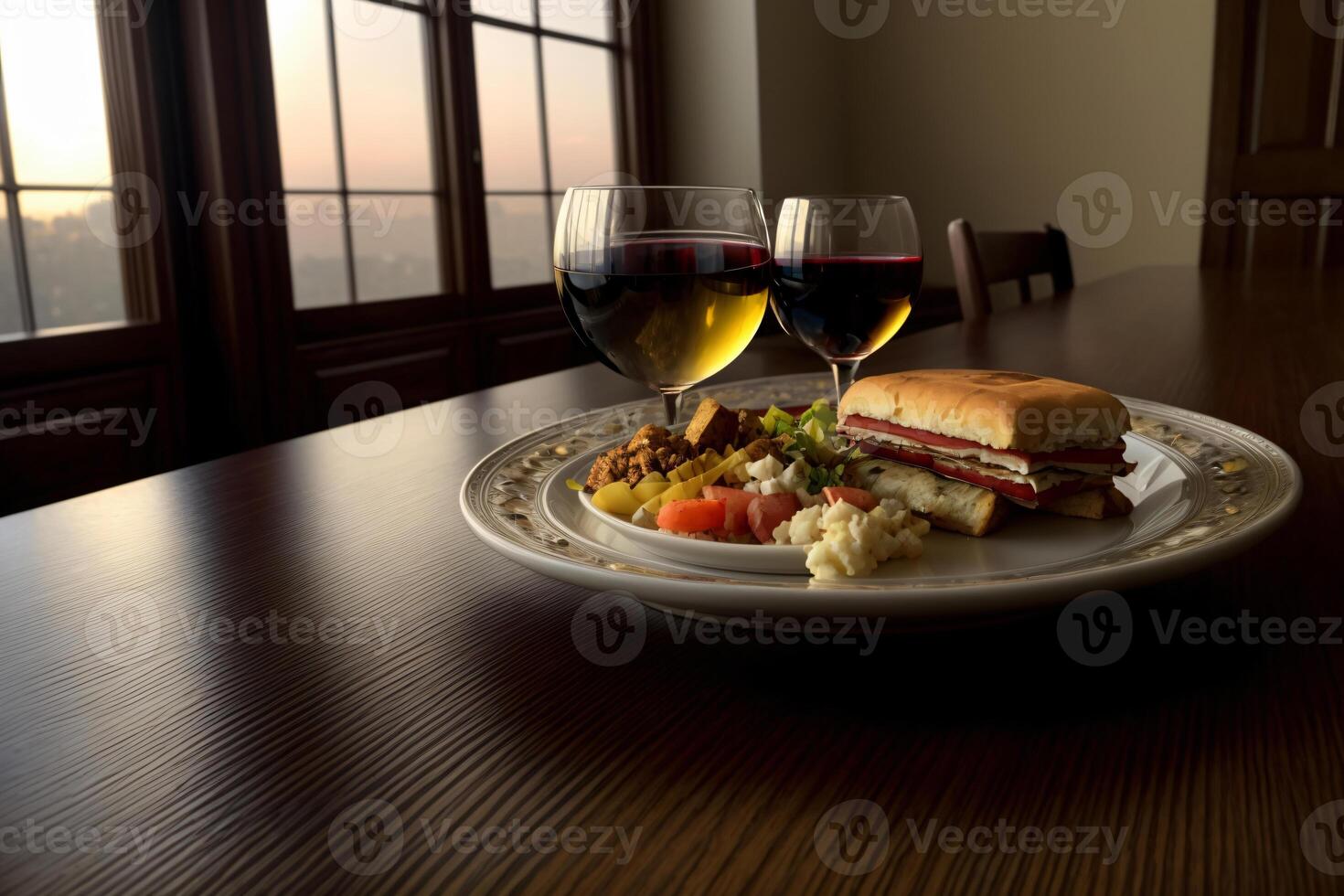 ein Teller von Essen und ein Glas von Wein auf ein Tisch. ai generiert foto