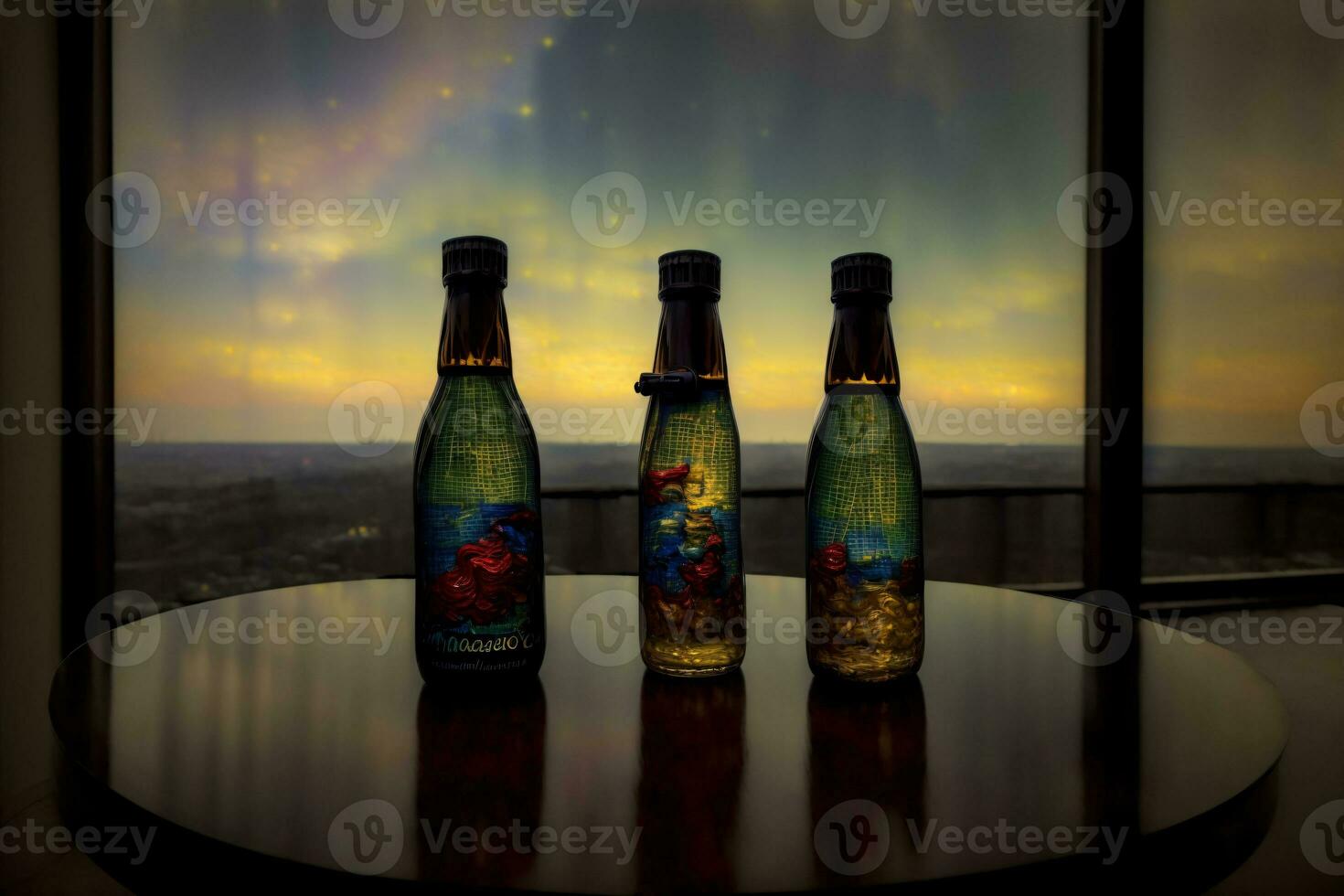 drei Flaschen Sitzung auf oben von ein hölzern Tisch. ai generiert foto