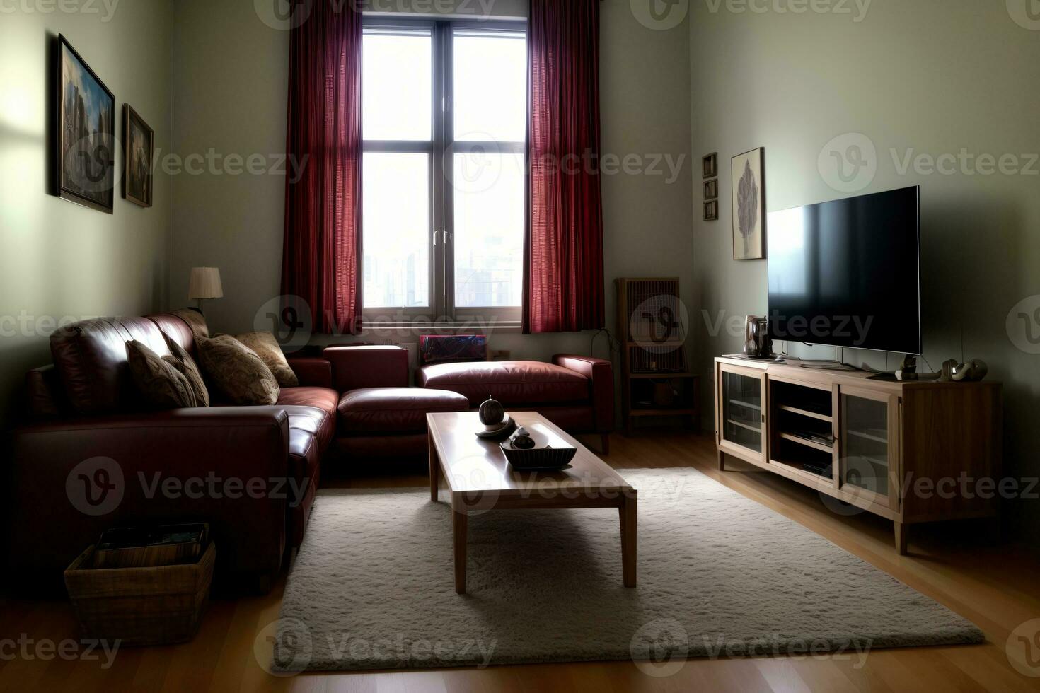 ein Leben Zimmer gefüllt mit Möbel und ein eben Bildschirm Fernseher. ai generiert foto