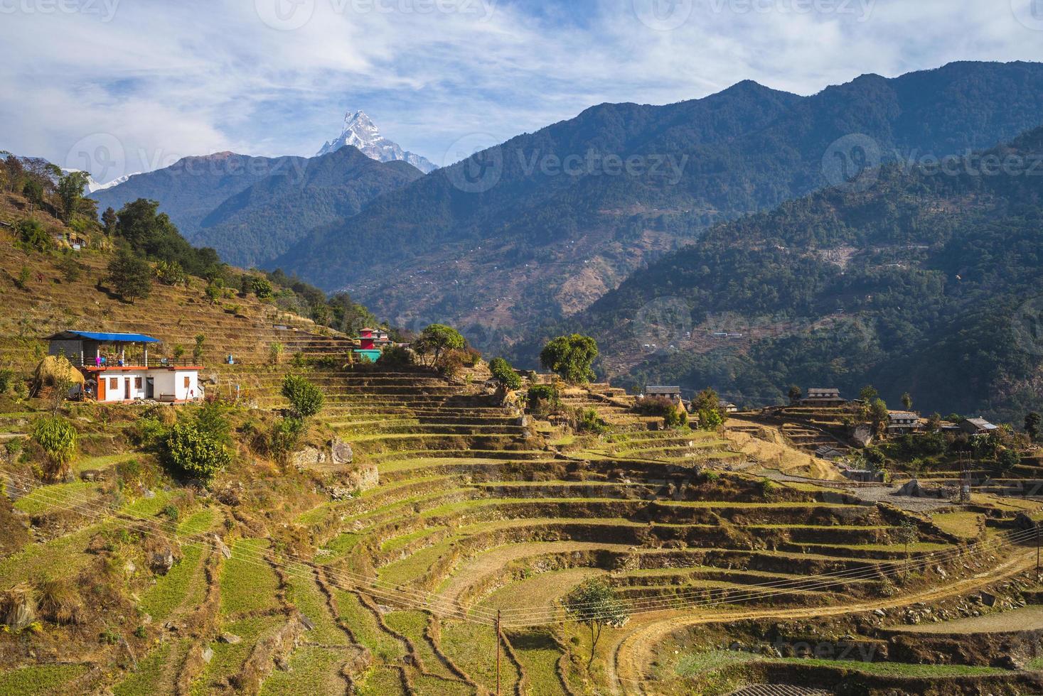 Landschaft von nepal in der nähe von pokhara mit fischschwanzspitze foto