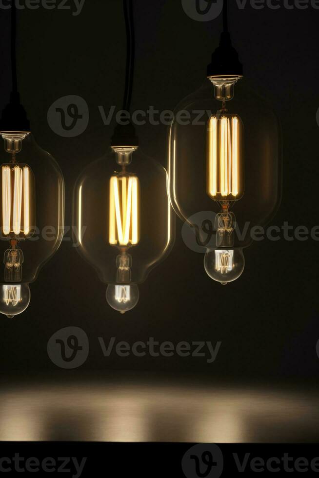 ein Gruppe von drei Licht Glühbirnen hängend von ein Decke. ai generiert foto