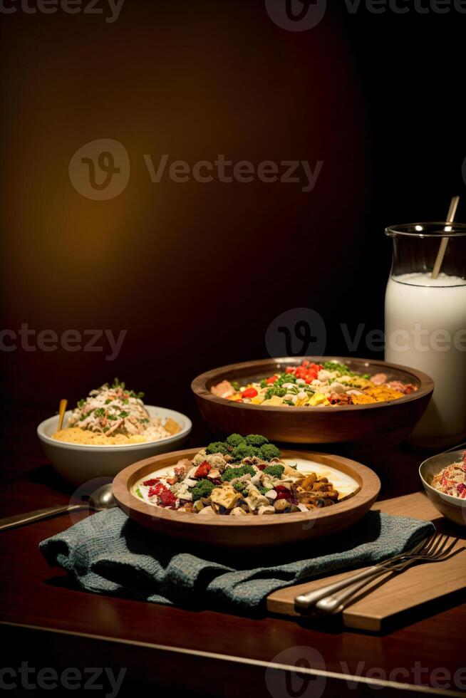 ein Tabelle gekrönt mit Platten von Essen Nächster zu ein Glas von Milch. ai generiert foto