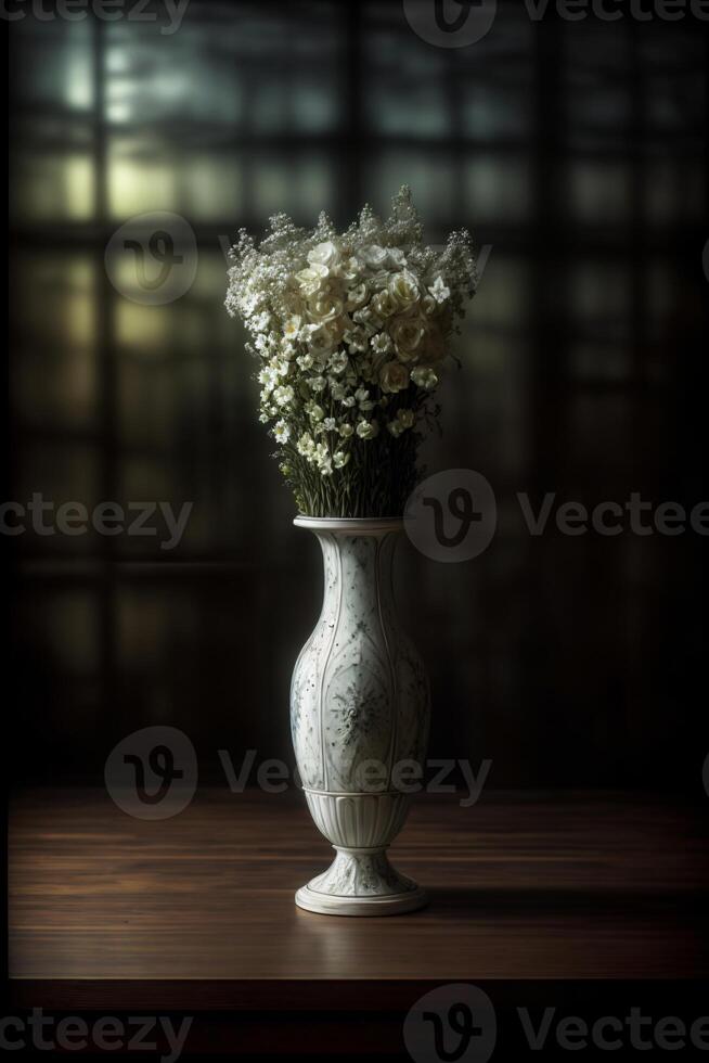 ein Weiß Vase gefüllt mit Weiß Blumen auf oben von ein hölzern Tisch. ai generiert foto