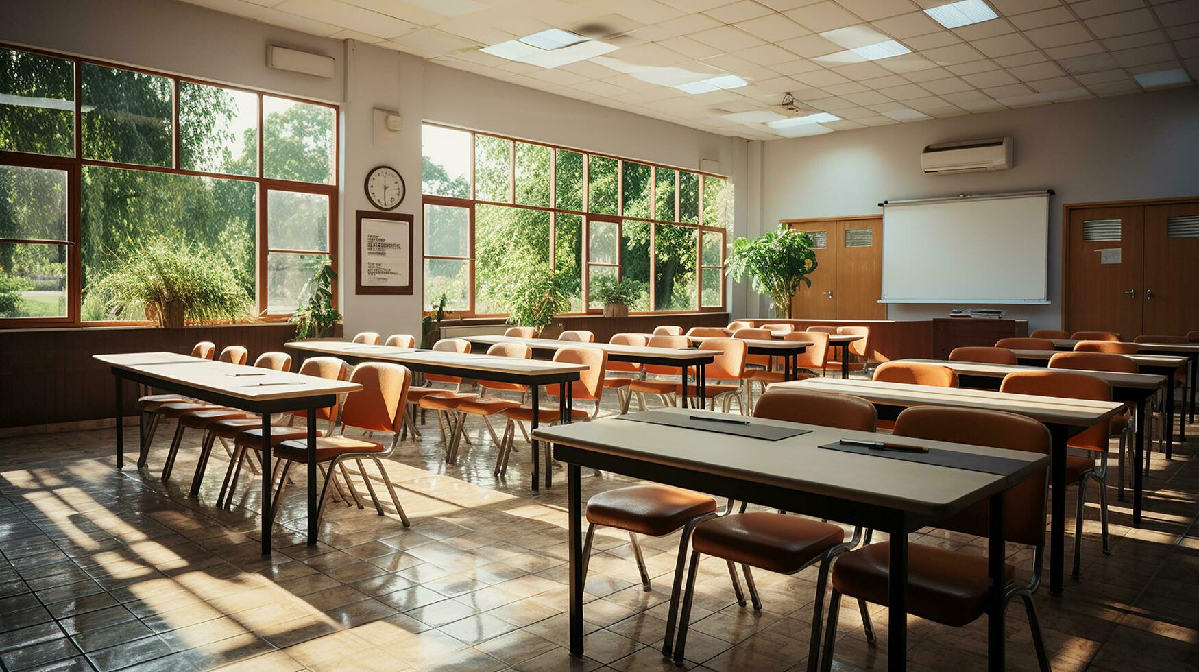 Schule Klasse im Tageslicht. sauber Innere mit Tafel, Schublade, Stühle und Tabellen ai generativ foto