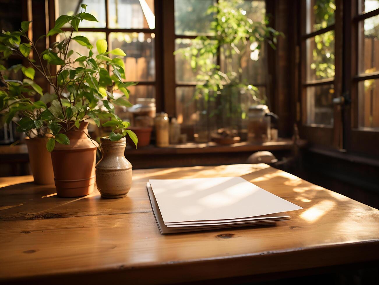 Papier auf das hölzern Tisch, echt Fotografie mit glatt Beleuchtung und Sonne Licht ai generieren foto