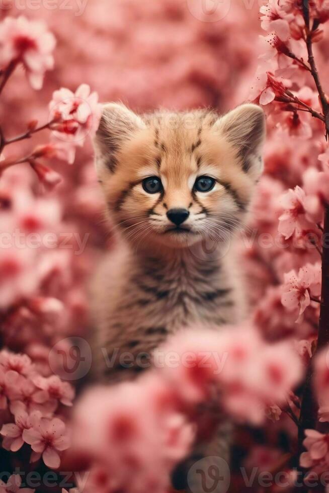 süß wenig Kätzchen auf ein Hintergrund von Blühen Sakura. ai generativ foto