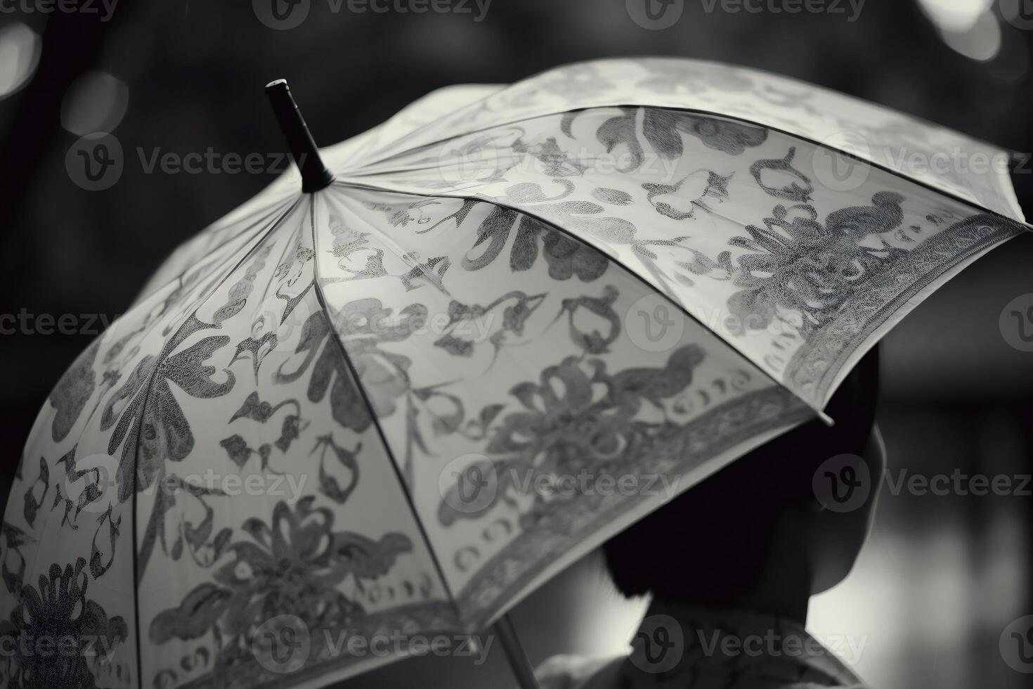 Eleganz im das Regen, ein Person mit ein gemustert Regenschirm. ai generativ foto