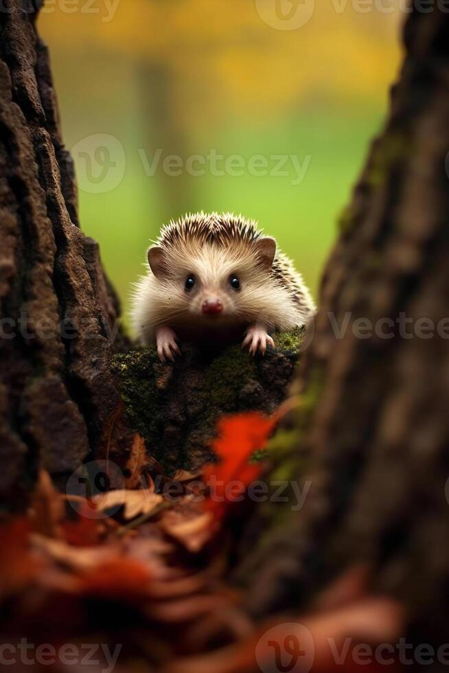 Igel im das Wald auf ein Hintergrund von Herbst Blätter. ai generativ foto