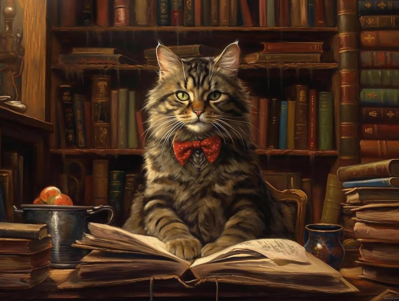 Surrealist Bild von ein Professor Katze im ein Bibliothek, wahnsinnig Detail ai generativ foto