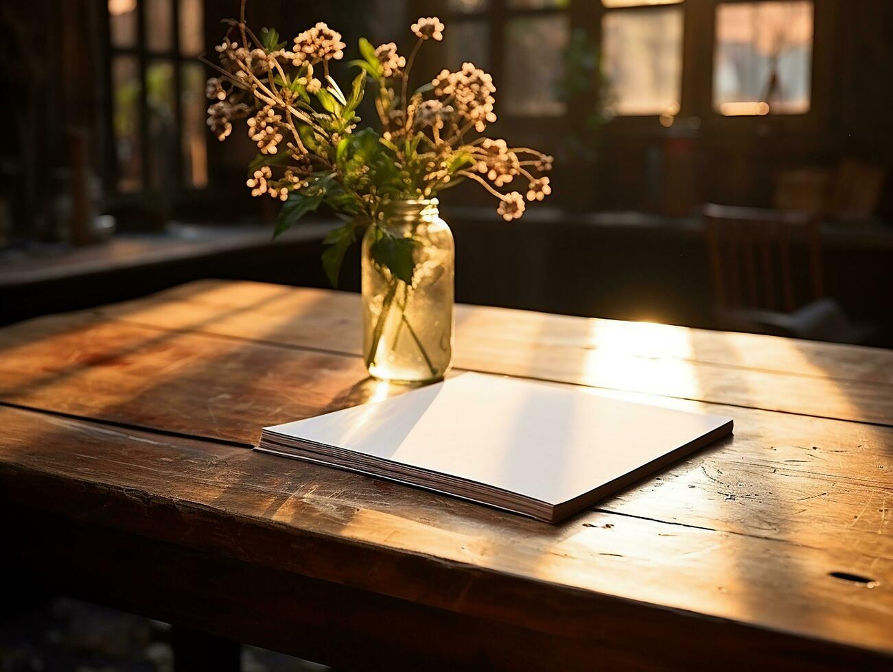 Papier auf das hölzern Tisch, echt Fotografie mit glatt Beleuchtung und Sonne Licht ai generieren foto