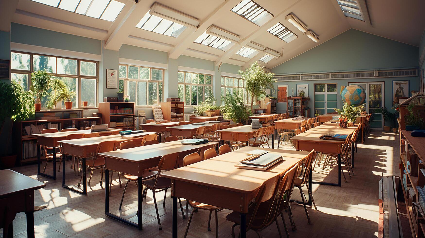 Schule Klasse im Tageslicht. sauber Innere mit Tafel, Schublade, Stühle und Tabellen ai generativ foto