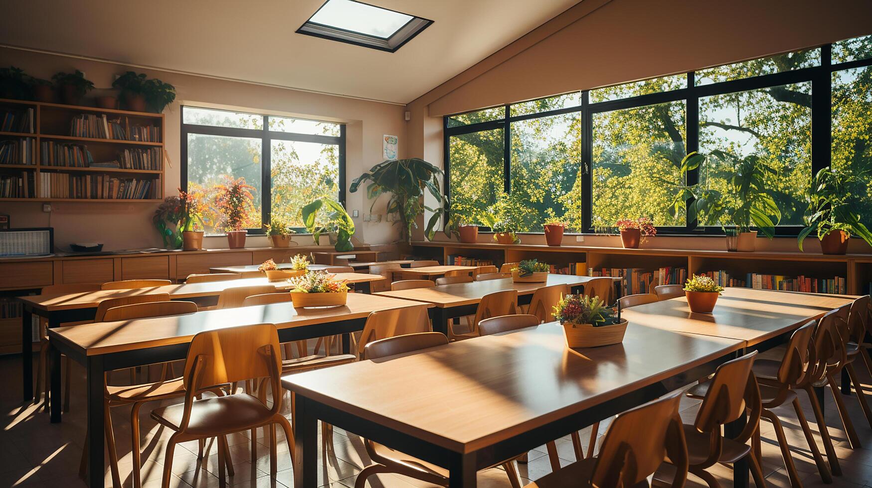 Schule Klasse im Tageslicht. sauber Innere mit Tafel, Schublade, Stühle und Tabellen ai generativ foto