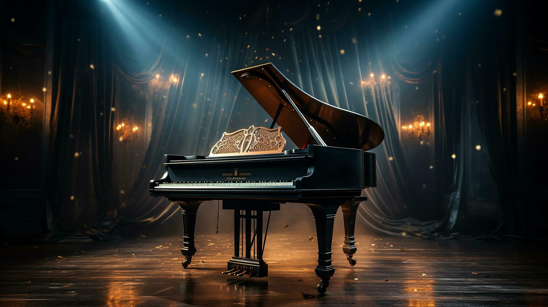 ein alt großartig Klavier im das Mitte von dunkel leer Zimmer mit Gott Strahlen Licht es oben ai generieren foto