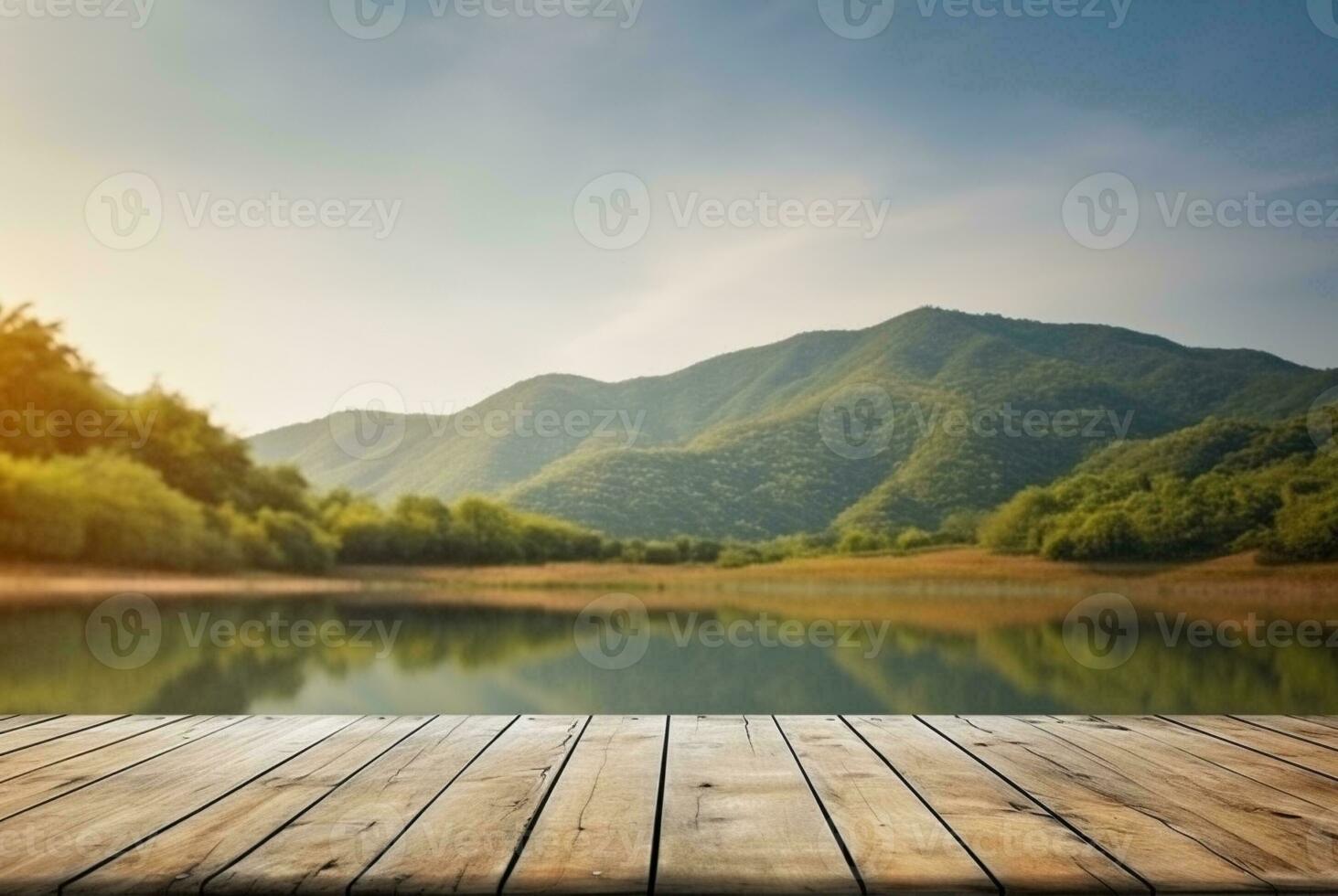 leeren hölzern Tabelle dekoriert mit Wiese verschwommen See und Berg Aussicht Hintergrund. ai generativ. foto