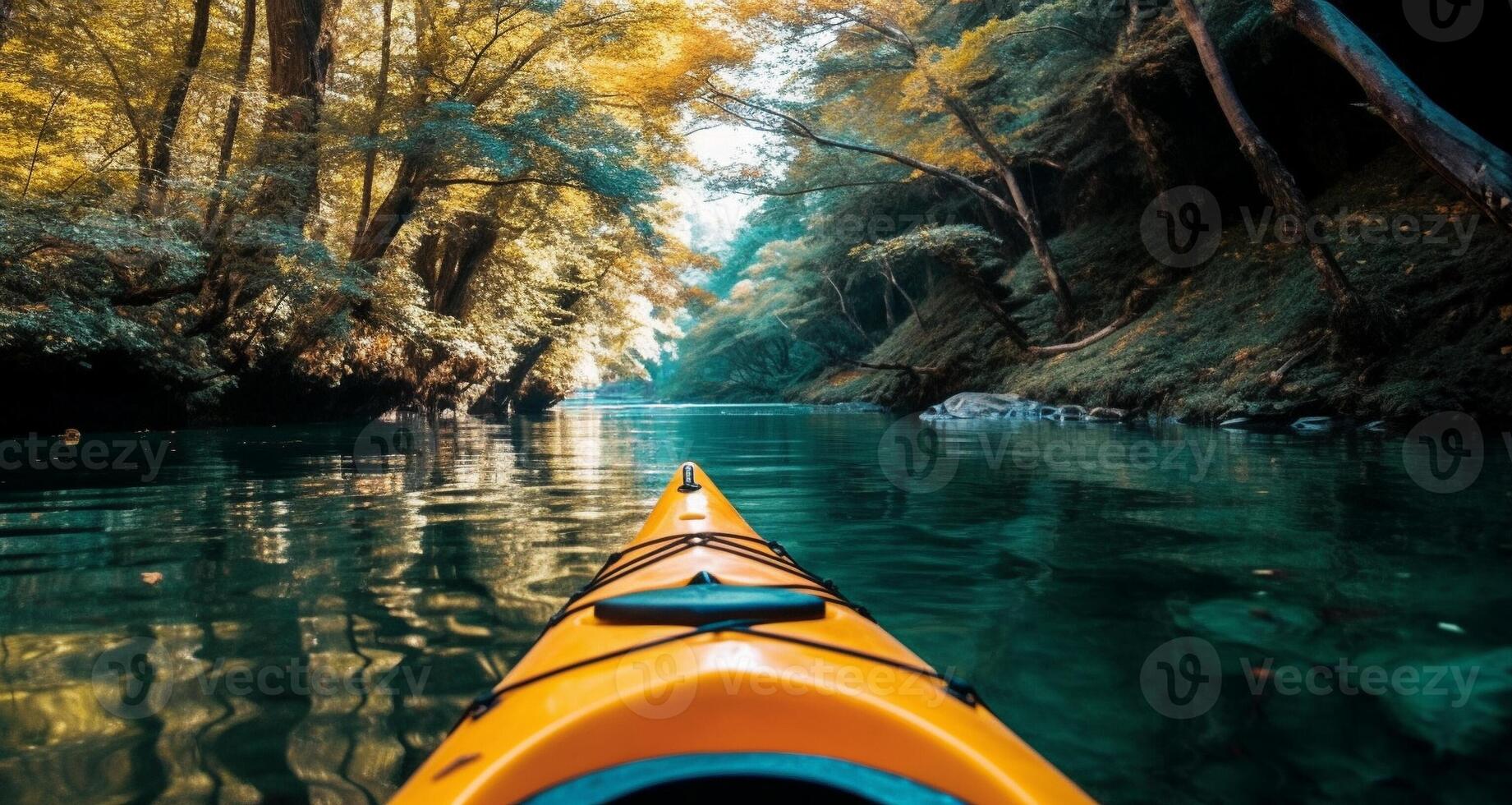 Illustration von Sommer- Wasser Sport Kajak fahren im ein ruhig Fluss umgeben durch üppig Grün. ai generativ. foto