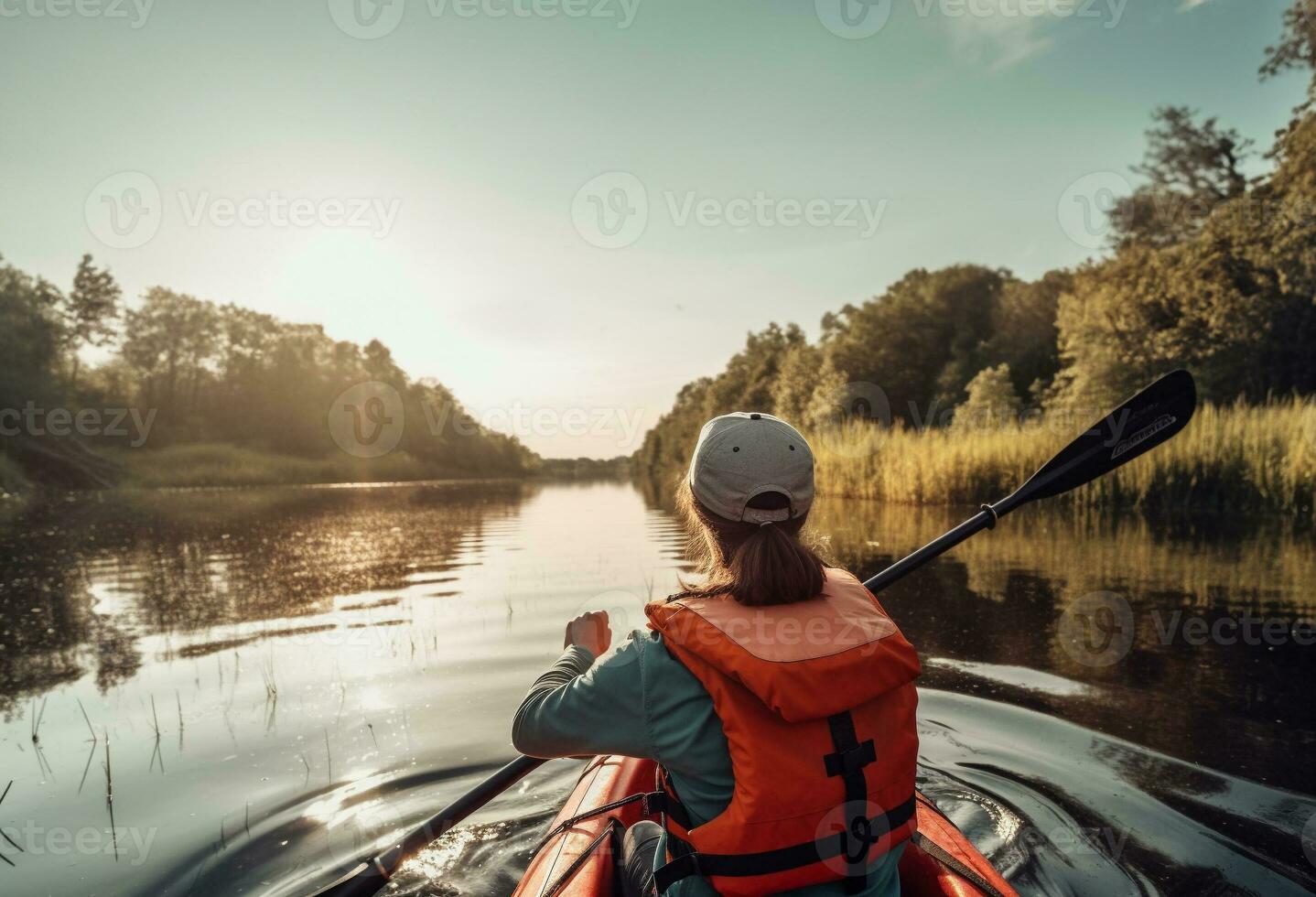 Illustration von Sommer- Wasser Sport Kajak fahren im ein ruhig Fluss umgeben durch üppig Grün. ai generativ. foto