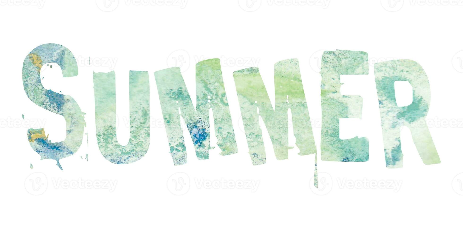 Sommer- Beschriftung Illustration isoliert auf Weiß. Aquarell Briefe. Briefmarke mit ein Text. saisonal Wort zum Banner, Karte, Flyer, Verkauf Poster. Grün Hand gezeichnet Design Element. foto