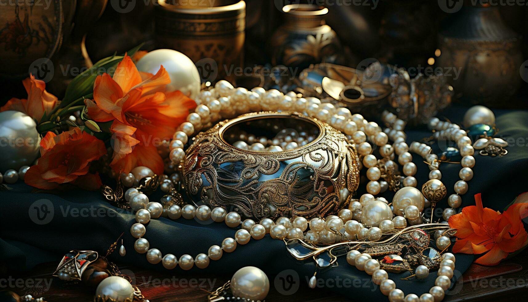 elegant Halskette, Souvenir Armband, Antiquität Vase, glänzend Perle Schmuck generiert durch ai foto