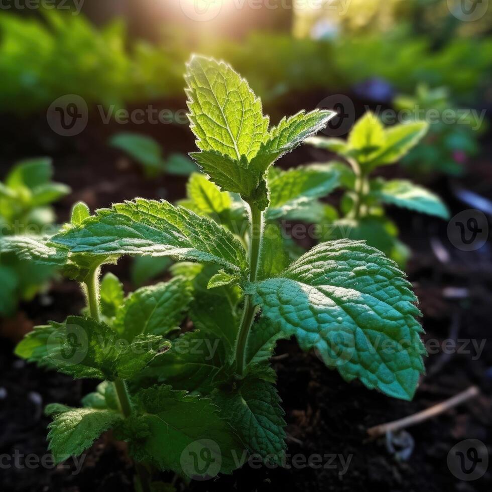 Minze Pflanzen wachsen beim das Gemüse Garten. generiert ai foto