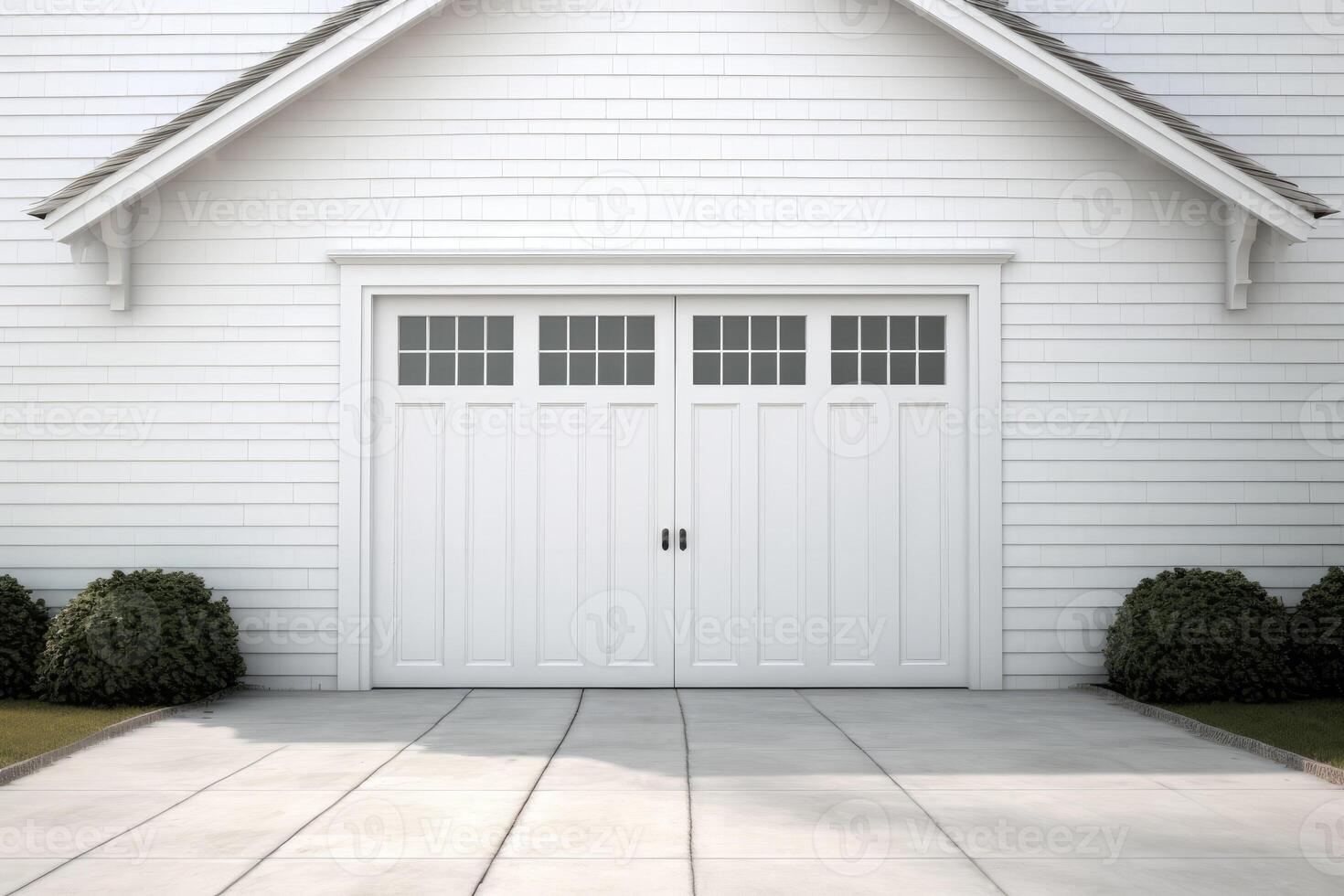 Weiß Garage Tür mit ein Auffahrt im Vorderseite. generativ ai foto