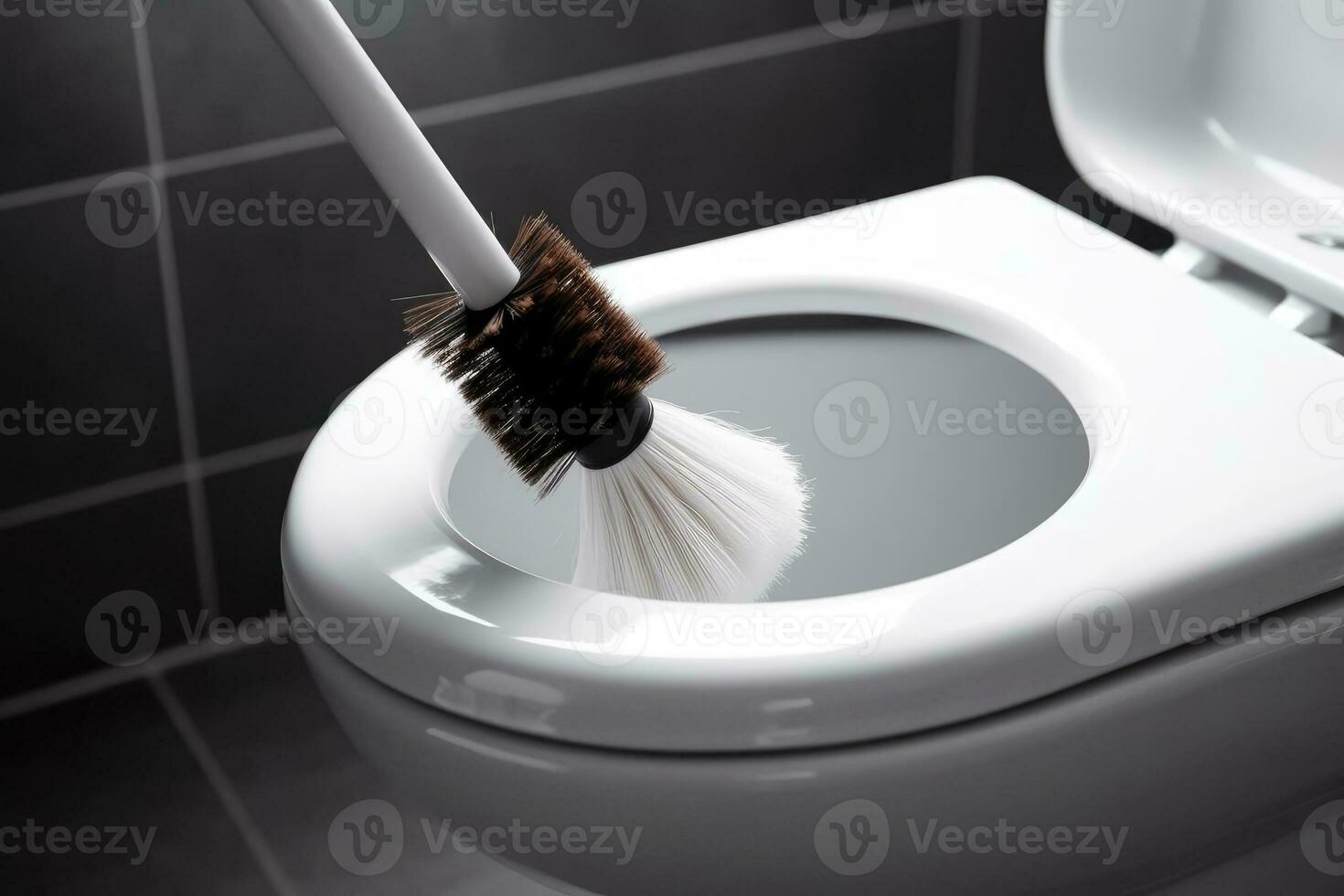Aussicht von Reinigung Weiß Keramik Toilette Schüssel mit ein Bürste. generativ ai foto