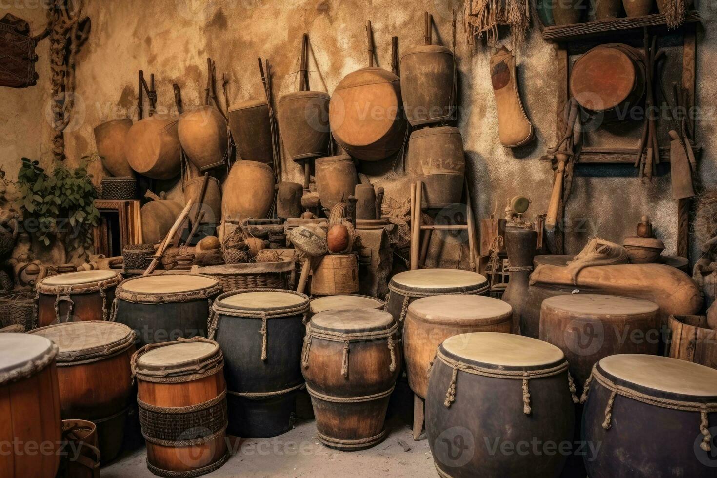 Sammlung von uralt Jahrgang hölzern Schlagzeug. orientalisch Musical Instrumente. generativ ai foto