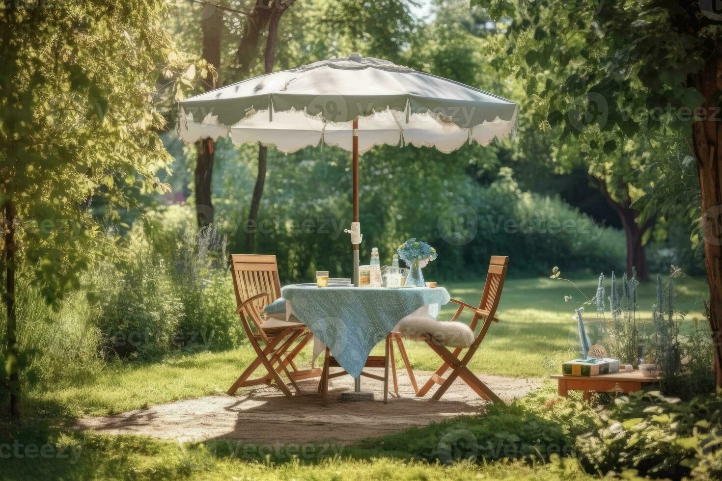 Cafe Tabelle mit Stuhl und Sonnenschirm Regenschirm im das Garten. generativ ai foto