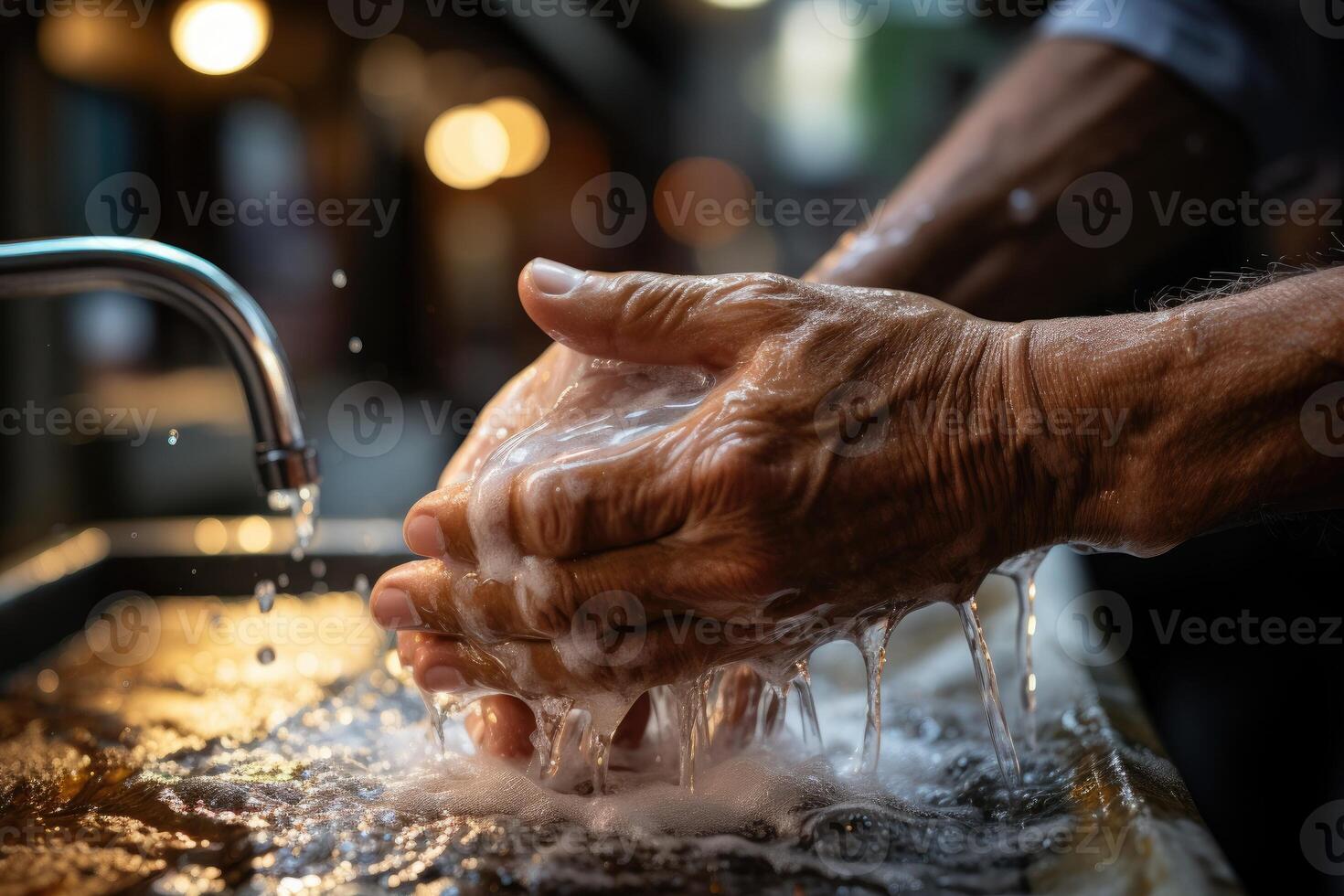 Hände von Senior Mann waschen ihr Hände im ein sinken mit Schaum. generativ ai foto