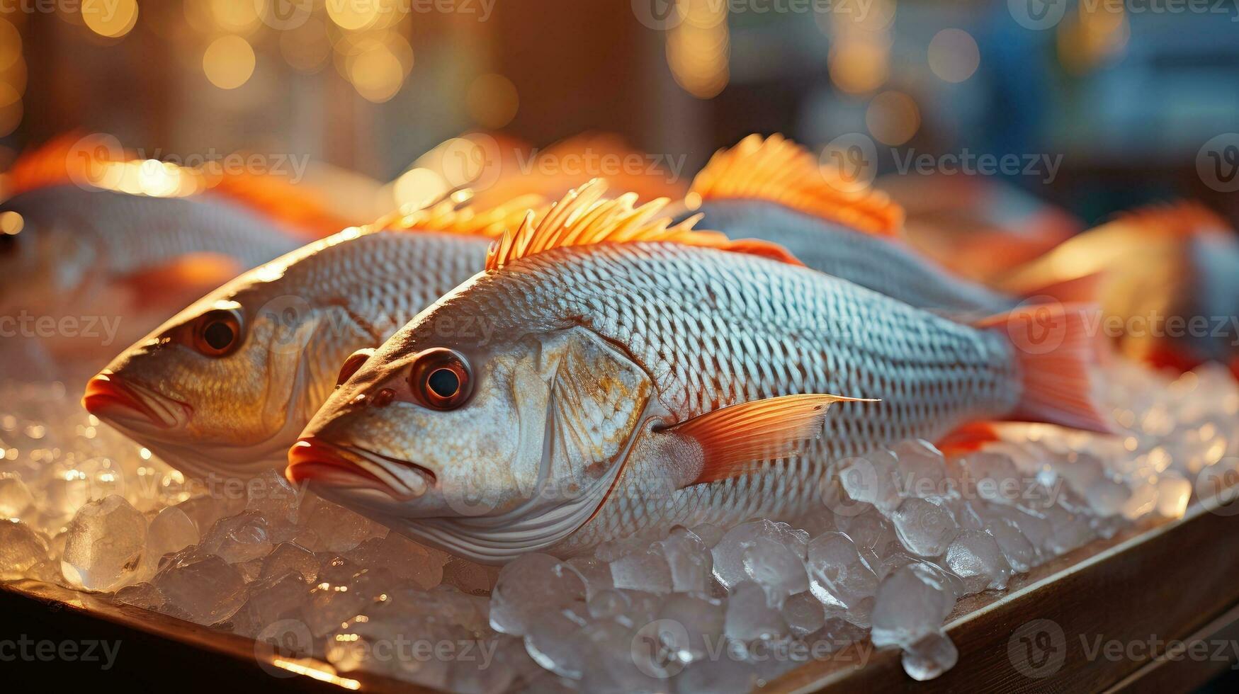 Gruppe von Fisch serviert auf Eis. generativ ai foto