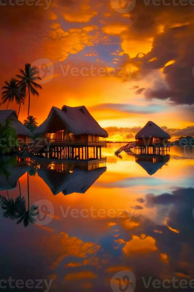 schön Sonnenuntergang Über tropisch Insel mit Palme Bäume und mit Stroh gedeckt Hütten. generativ ai foto