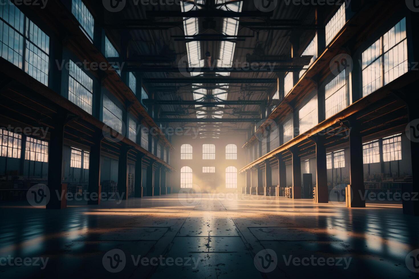 leeren Warenhaus mit viele von Fenster und hell Licht Kommen durch das Fenster Scheiben. generativ ai foto