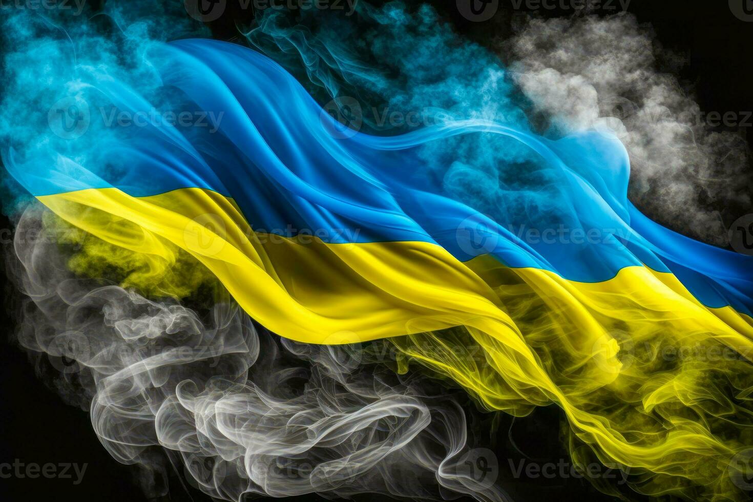 das Flagge von Ukraine mit Rauch auf schwarz Hintergrund. generativ ai foto