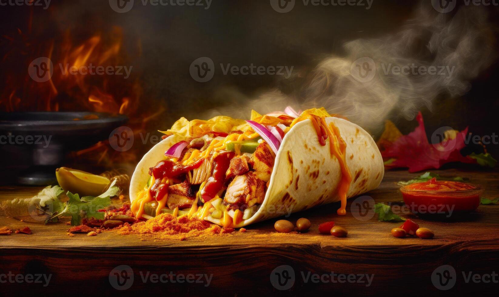 schließen oben von Taco auf Tabelle mit Feuer im das Hintergrund. generativ ai foto