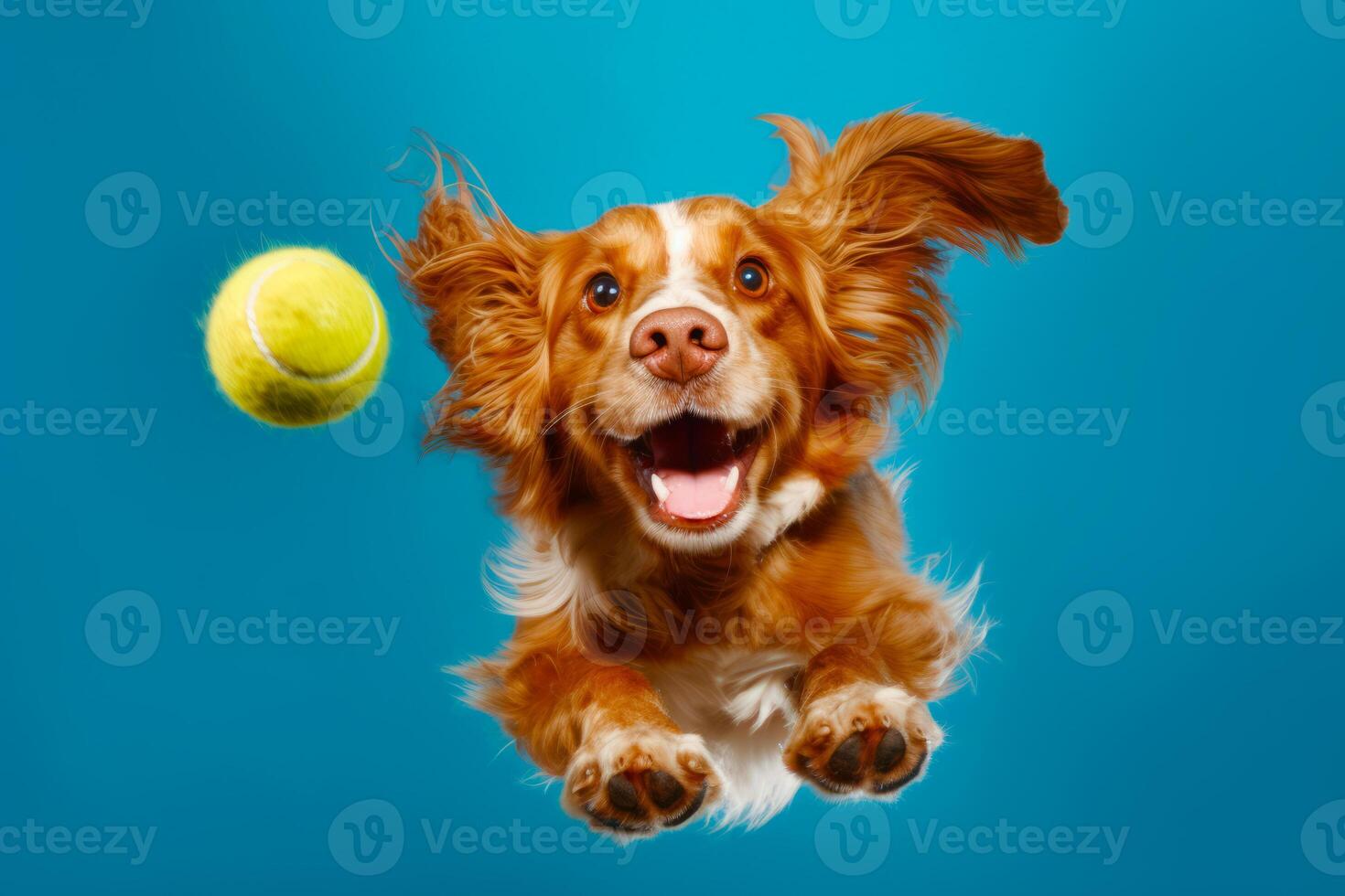 Hund Springen im das Luft zu Fang Tennis Ball mit es ist Pfoten. generativ ai foto