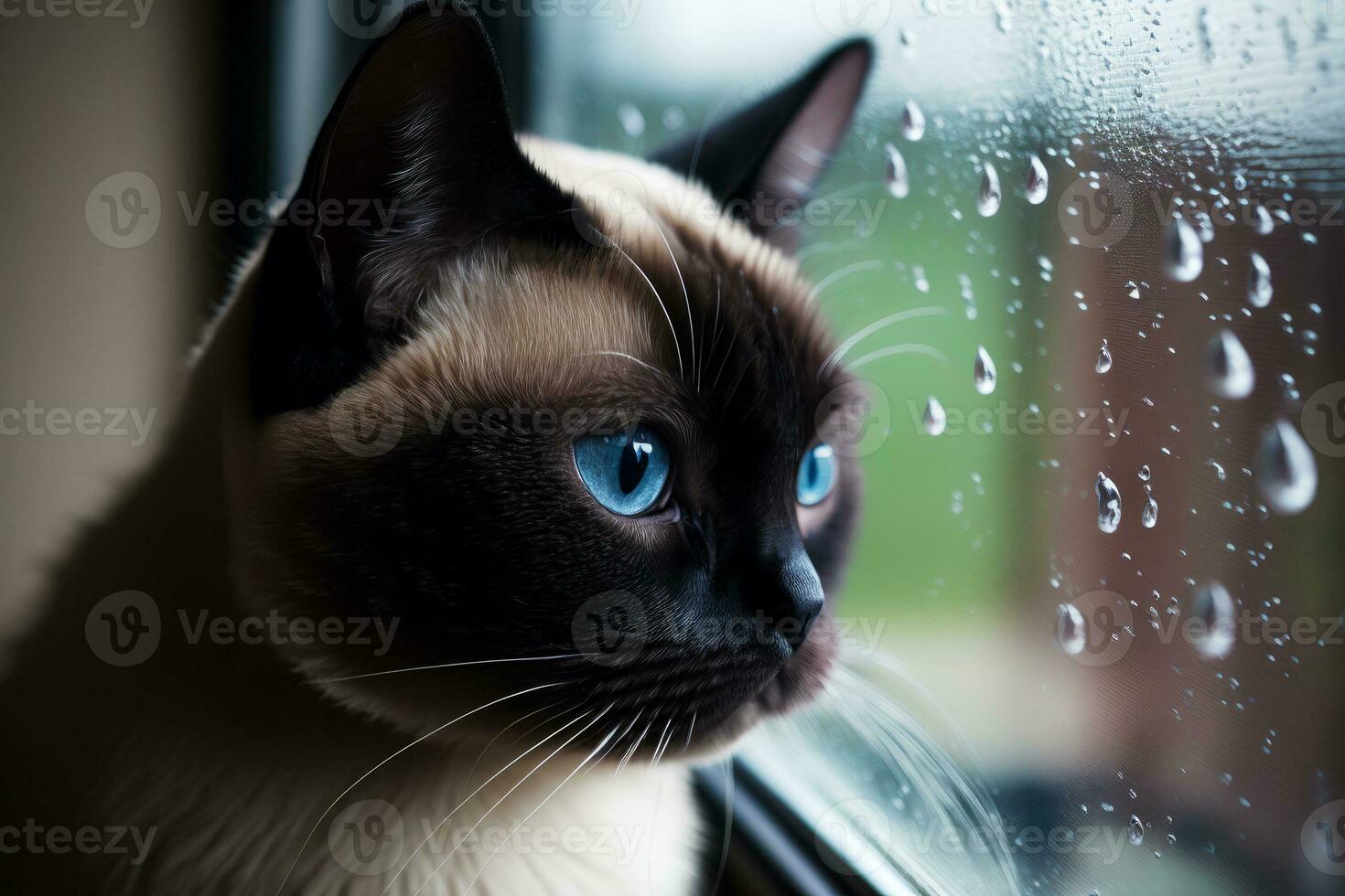 schließen oben von Katze suchen aus von Fenster mit Regen Tropfen auf Es. generativ ai foto