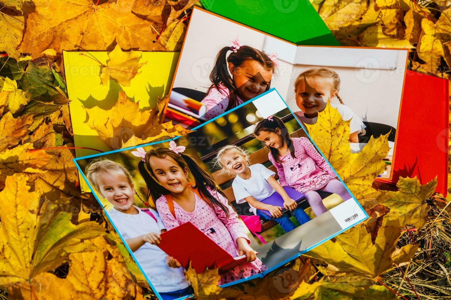 Schule Foto Buch auf das Gelb Blätter oben Sicht. rustikal Foto von Herbst Komposition