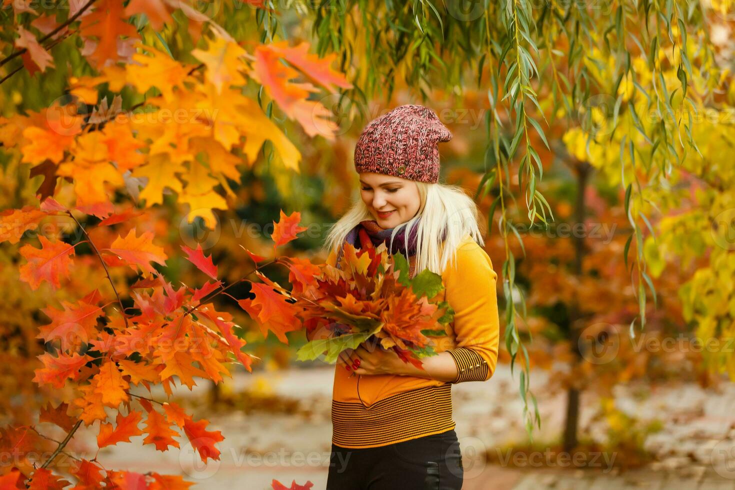 jung Frau mit Herbst Blätter im Hand und fallen Gelb Ahorn Garten Hintergrund foto