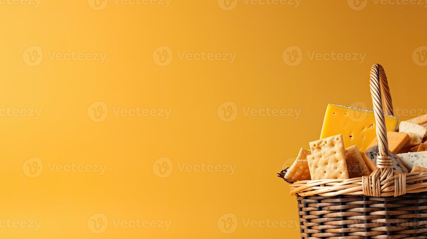 ein Korb von Käse und Cracker. Netz Banner mit Kopieren Raum. generativ ai foto