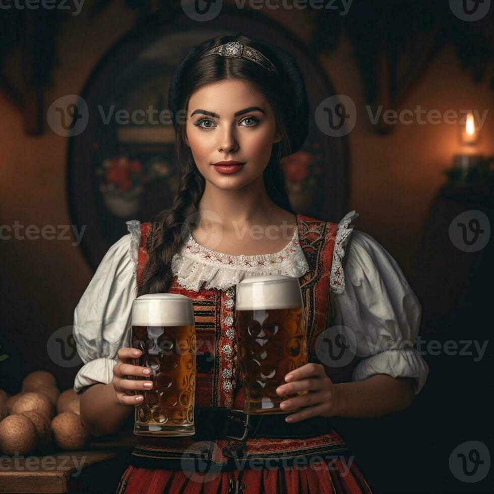schön Kellnerin Mädchen mit Brille von Bier gegen das Hintergrund von ein verschwommen Taverne. generativ ai foto