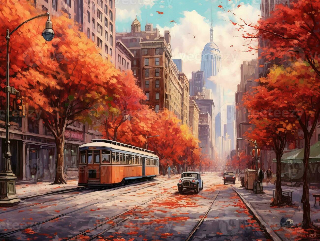 Straßen von Neu York Stadt im Herbst. ein Herbst windig Tag auf ein ruhig Stadt Straße. retro Stil. ai generiert foto