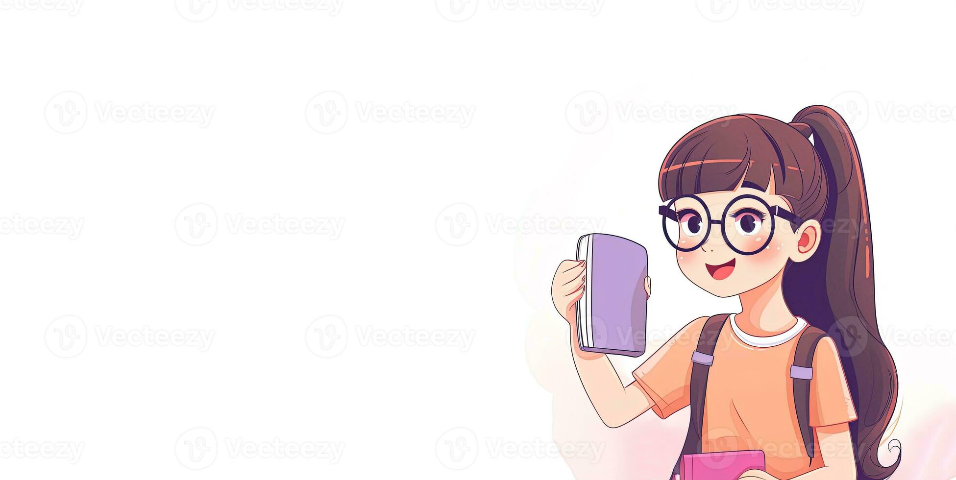 süß Schülerin im Brille mit lange Haar auf ein Weiß Hintergrund mit Raum zum Text. Schule Reporter. ai generiert foto