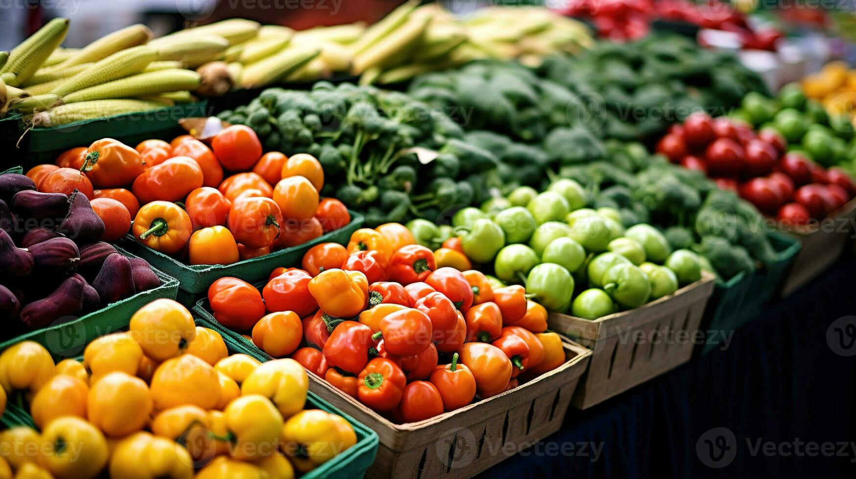 Bauern Märkte saisonal Früchte und Gemüse. bunt Vitrine mit klein mehrfarbig Pfeffer. ai generiert foto