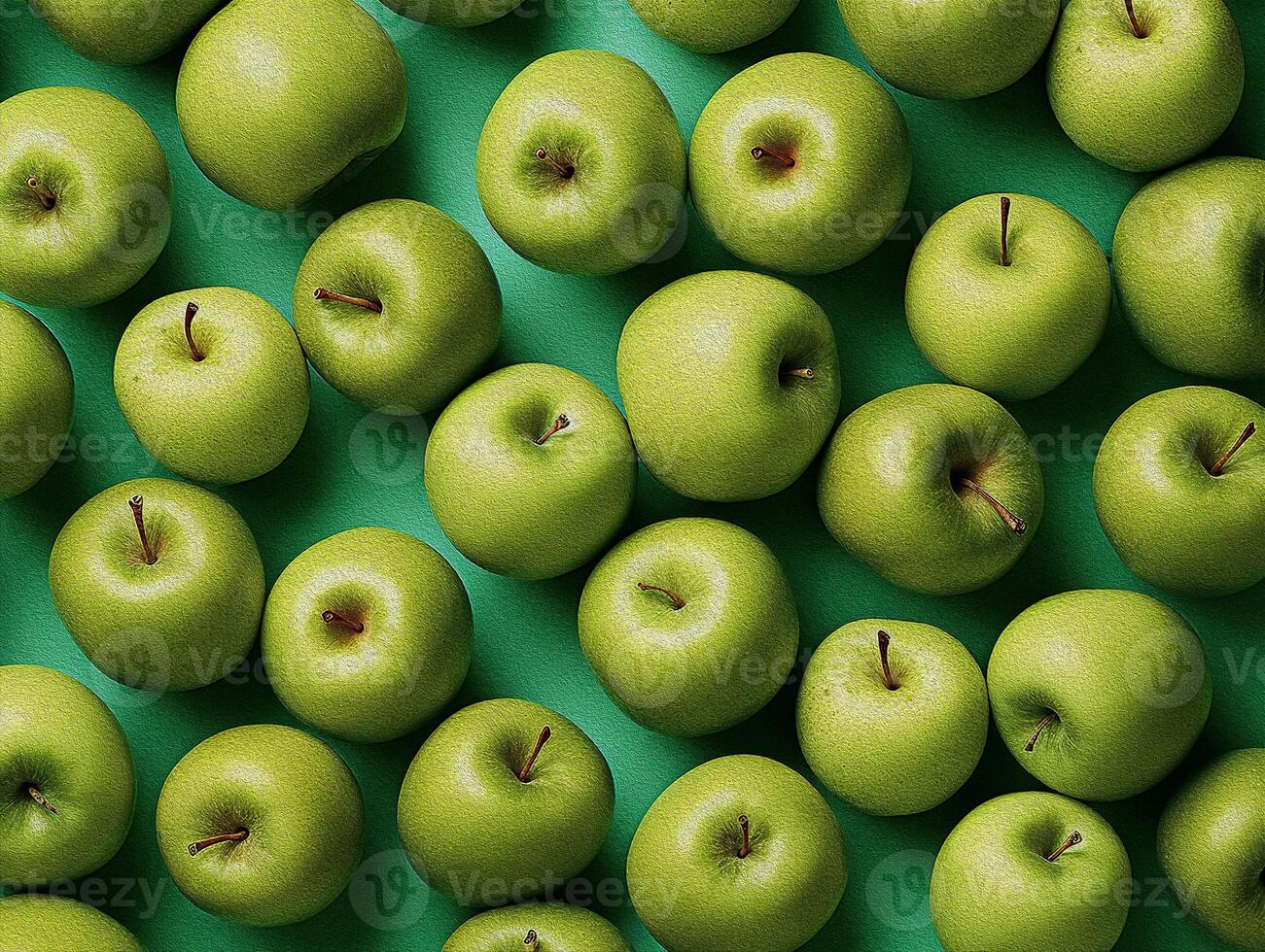 reif Grün Apfel Frucht. Muster von frisch Grün Äpfel , eben legen oben Aussicht Öl malen. ai generiert foto