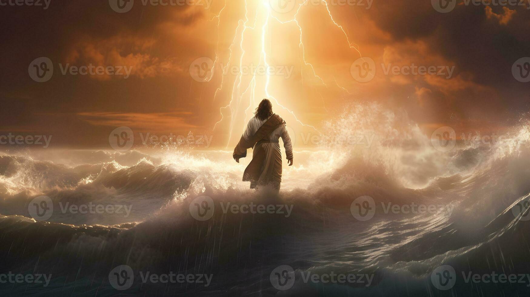 Jesus Christus Gehen auf Wasser. Gewitter mit enorm Wellen. ai generiert foto